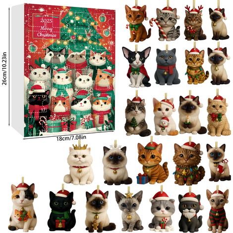 Calendrier de l'Avent surprise pour les amoureux des chats, 24 décorations de Noël en acrylique à suspendre, coffret cadeau pour sapin de Noël avec compte à rebours (1/5)