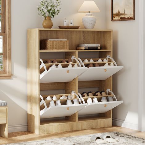 Scarpiera a 4 ante, scarpiera stretta con ripiani a giorno, divisori regolabili, salvaspazio per corridoio/ingresso, naturale e bianco, L90 x P24 x H104,5 cm