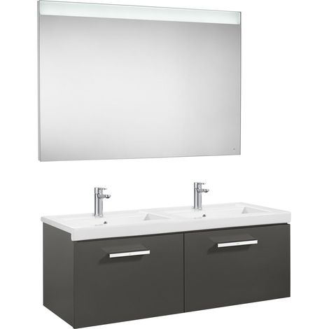 Conjunto de mueble (2 cajones) doble lavabo y espejo con luz LED PRISMA - ROCA Color: Gris antracita (1/2)