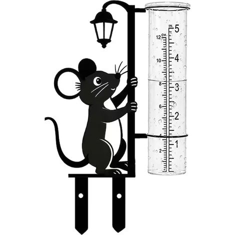 Pluviomètre de jardin en métal motif rat sous lampadaire, jauge de pluie avec gobelet en verre gradué et chiffres faciles à lire (1/5)