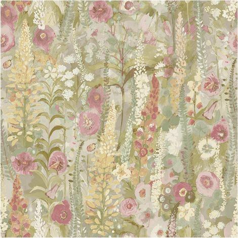 Watercolour Floral Wallpaper Lupin Sage Green Pink Red Yellow Flower Home Decor