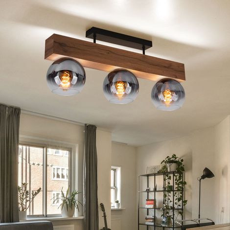 Plafoniera camera da letto faretto da soffitto aspetto legno lampada da soffitto a 3 luci, vetro fumé, MDF metallico, 3x attacco E27, LxH 65 x 28 cm