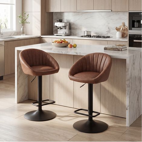 Wahson Tabourets de Bar en Similicuir, Chaise de bar Lot de 2 Chaise Haute Cuisine Réglable Tabourets pour Bar/Cuisine, Similicuir, Marron