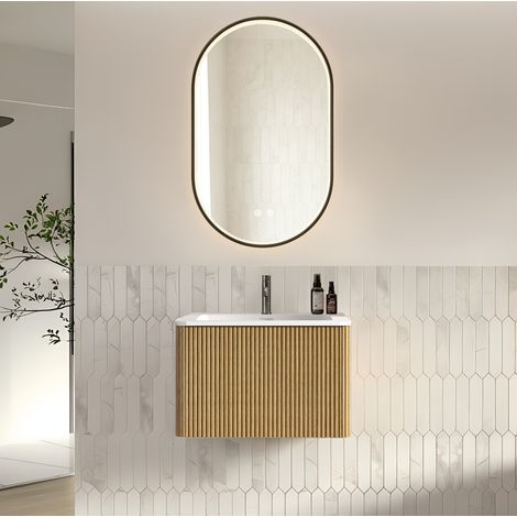 Meuble de salle de bain suspendu 60 cm avec vasque intégrée et miroir LED 50x80 cm chêne (1/5)