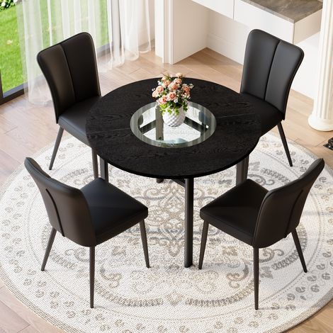 REDOM Set tavolo da pranzo 5 pezzi, tavolo rotondo 100x100x76 cm, con piano in vetro-MDF, 4 sedie imbottita in pelle PU, nero (1/5)