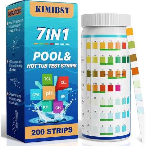 Bandelette Piscine: Testeur 7 en 1 pour spas 200CT pour mesurer le bromine, le pH, le chlore total, la dureté, l'acide cyanurique et plus encore (1/5)