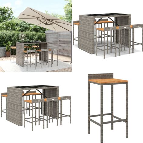 Ensemble de bar jardin 7 pcs gris poly rotin/bois massif acacia - Ensemble Salon De Jardin - Mobilier De Jardin - Set De Bar Extérieur - Table Et Chaises De Jardin - Chaise De Bar - Home & Living (1/5)