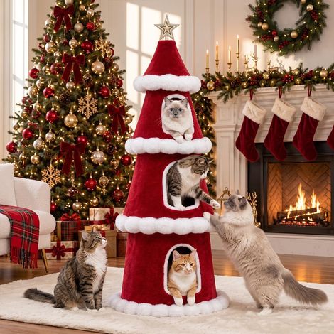 Arbre à chat à plusieurs étages - 150 cm de haut - Avec protection anti-basculement - Arbre à chat stable - Rouge (1/5)