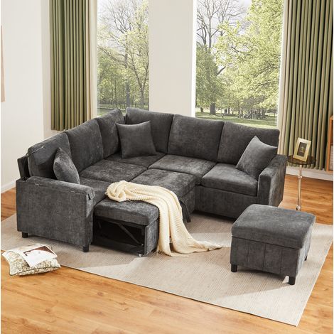 Canapé convertible d’angle chenille gris avec pouf HAVRYA (1/5)