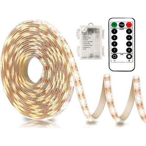 Bande lumineuse LED 3 m avec batterie et télécommande, étanche 8 modes, intensité variable, autocollante et découpable (blanc (1/3)