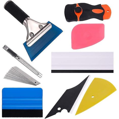 Kit d'outils pour la pose de films teintés sur vitres, 9 pièces : raclette, grattoir et lames. (1/5)