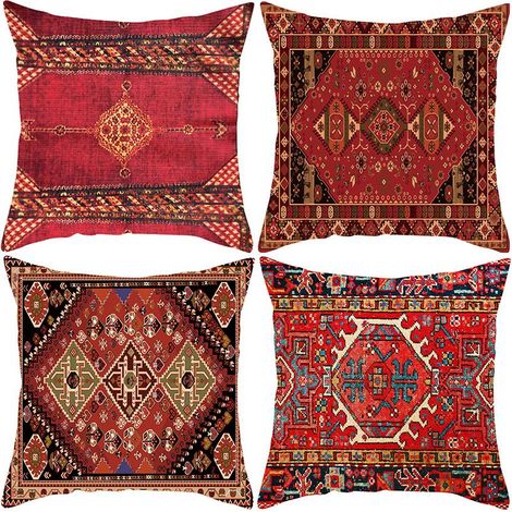 Lot de 4 housses de coussin 45 x 45 cm - Motif abstrait ethnique turc rouge vintage - Housse de coussin décorative en coton et lin - Housse de coussin carrée pour chambre à coucher, canapé, chaise, li
