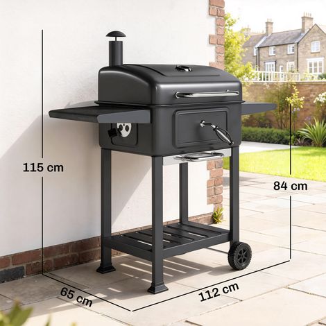 Barbecue fumoir à charbon avec couvercle, thermomètre, hauteur réglable, bac à charbon, cheminée d'allumage, grille de cuisson, tablette latérale et bac à cendres. (1/5)