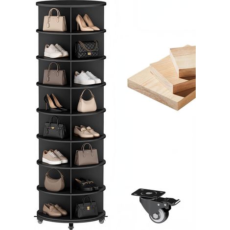 YODOLLA 8-stöckiger Drehbares Schuhregal, 360° Schuhschrank, Schwarz Platz für 32 Paar Schuhe/Taschen, drehbarer Karussell-Regalsystem mit 4 Rollen für Wohnzimmer, Flur & Schlafzimmer (1/5)