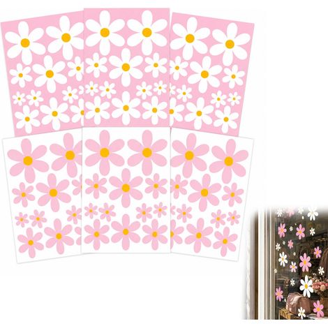 6 feuilles (72 pièces) d'autocollants de fenêtre statiques double face en forme de marguerites — sans colle et réutilisables. (1/5)