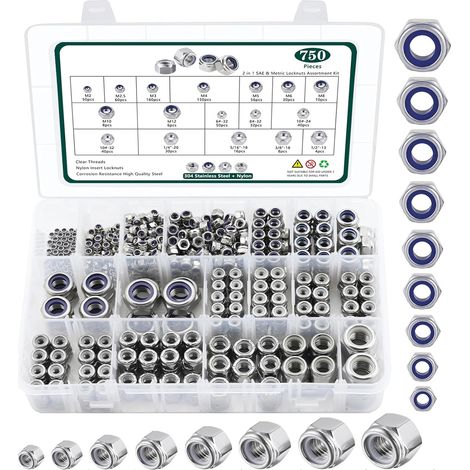 Coffret de 750 écrous autofreinés – Assortiment d’écrous hexagonaux de type Nylstop à insert nylon en acier inoxydable 304, écrous anti-desserrage multi-formats pour vis, boulons et tiges filetées (1/2)