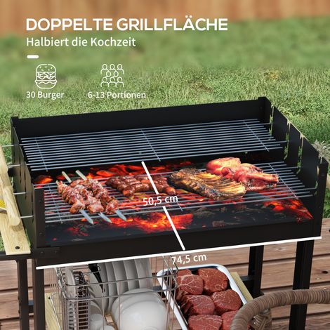 Barbecue au charbon de bois, chariot de cuisson, 2 grilles, 2 roulettes, poignées, tablettes, 113 x 53,5 x 82,5 cm, noir