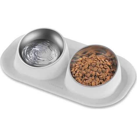 Set di ciotole ortopediche Yulinland, in acciaio inox/PP anti-vomito, per cani e gatti, per cibo secco o umido e acqua, con tappetino antiscivolo in silicone, 40x23x8 cm, grigio. (1/5)