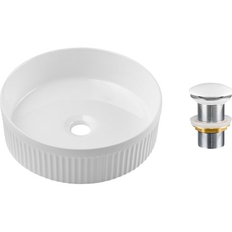 Lavabo sobre encimera redondo 36 cm blanco brillante de cerámica con relieve decorativo y desagüe