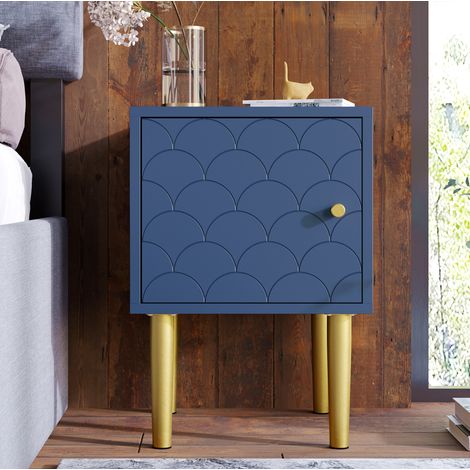 Table de chevet 35x35x51 cm bleu marine en panneau de particules et métal avec motif écaille et pieds hauts (1/5)