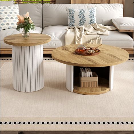 Table basse gigogne 75x75x50+45x45x35 cm naturelle en MDF avec rangement et design rond scandinave (1/5)