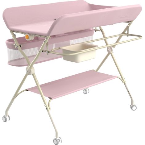 Table à langer, hauteur réglable, plusieurs compartiments de rangement, Rose (1/2)