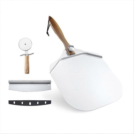 Ensemble de 4 pièces en aluminium pour la préparation de pizzas : pelle à pizza, spatule en métal avec manche pliable en bois, louche à sauce et roulette à pizza. (1/5)