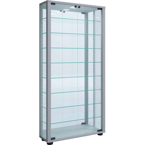 VitrosaMaxi Vitrinenschrank wandhängend mit Spiegel 2 Glastüren Inkl. LED-Leuchten silberfarben.