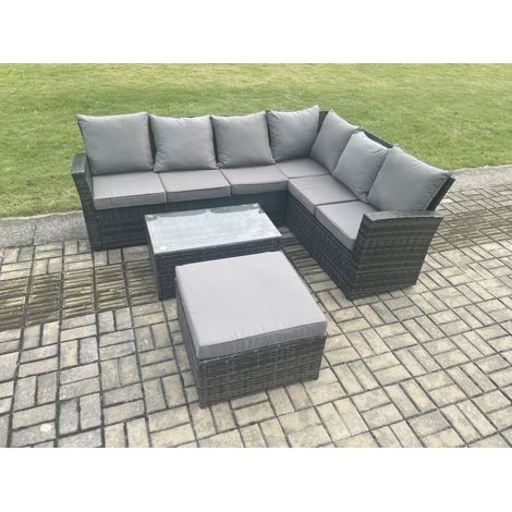 Fimous 7 places Ensemble de meubles de jardin en polyrotin avec Canapé à haut dossier Table basse rectangulaire Grand tabouret Gris foncé mixte (1/5)