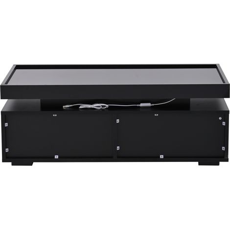 Table basse noire laquée avec LED, 2 tiroirs et plateau central, 95x45x35 cm, design moderne minimaliste (1/5)