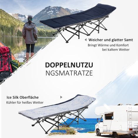 Lit de camping pliable avec matelas, oreiller et poche latérale, charge 150 kg, tissu bleu foncé/gris 188 x 64,5 x 53 cm, parfait pour voyages et extérieur