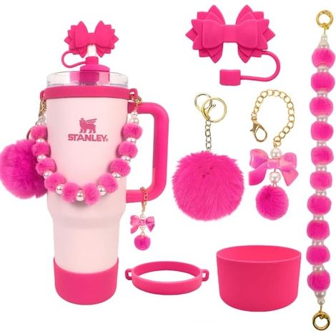 Ensemble d'accessoires pour gobelet, chaîne de perles, cordelette, chapeau de paille à motif bégonia, manchon en silicone pour gobelet et pendentif pompon, nœud de fleur rose rouge (6 pièces) (1/5)