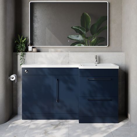 Napoli 390 Deep Blue 1500mm 2 Drawer Vanity Unit Toilet Suite with Right Hand Square Lucia Basin - 1500mm - Chrome 320mm HandleWithout Kingston Toilet Pan