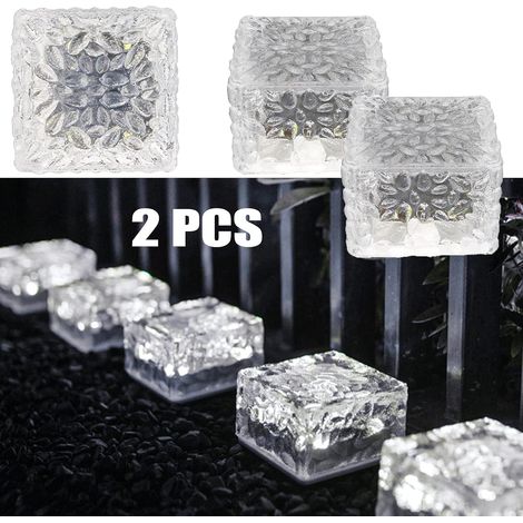 Lot de 2 lampes solaires de sol extérieures à 4 LED, effet brique glacée, lumière blanche froide, détecteur de mouvement marche/arrêt, étanches, pour la décoration de jardin, cour et allée, 7 x 7 x 5 (1/5)