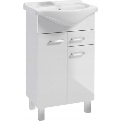 Meuble de salle de bains avec vasque sur pieds 85x55, blanc Mea avec robinetterie chromée allongée (1/4)