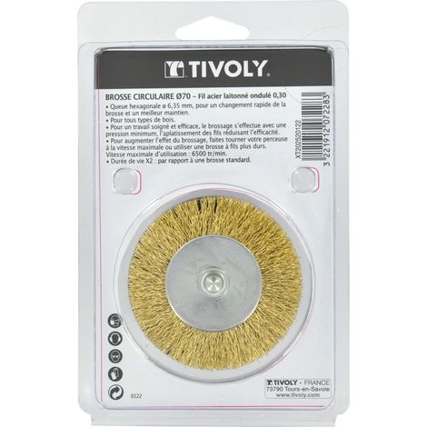 Tivoly • Spazzola Circolare • Filo di Acciaio Ottonato • Ø70mm • Coda Esagonale • Per Spellare Legno • Per Spellare Rame