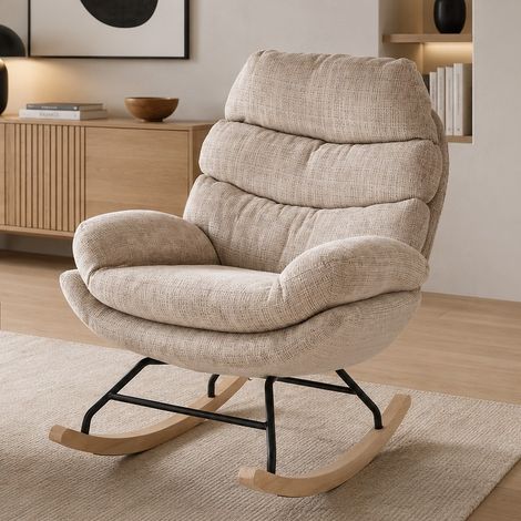 Rocking-Chair confort en tissu beige texturé & pieds bois massif Leonce (1/5)