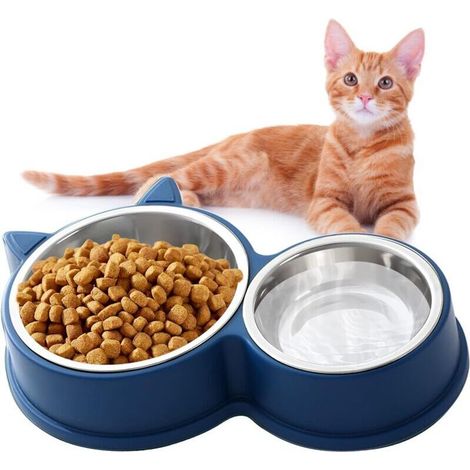Gamelle pour Chat, Gamelle Double pour Chat, Ensemble de Gamelles pour Chat en Acier Inoxydable, Gamelle Double pour Chat, Mangeoire et Abreuvoir pour Chiot(Bleu）