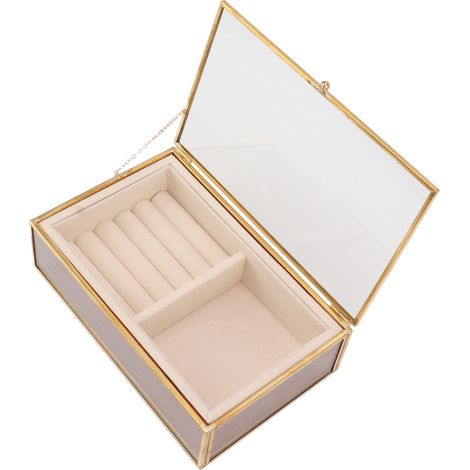 Boîte à bijoux minimaliste portable avec couvercle en verre transparent, doublure douce en polaire, idéale pour les voyages et cadre doré. (1/5)