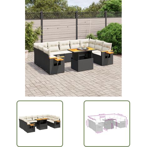 The Living Store Salon de jardin 10 pcs avec coussins noir résine tressée - Ensemble Salon De Jardin - Meuble Extérieur - Résine Tressée - Rotin Synthétique - Table Extensible (1/3)