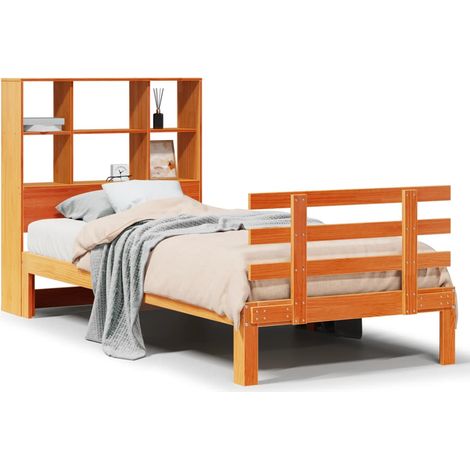 Lit simple  Lit adulte  Lit bibliothèque sans matelas cire marron 100x200 cm pin massif