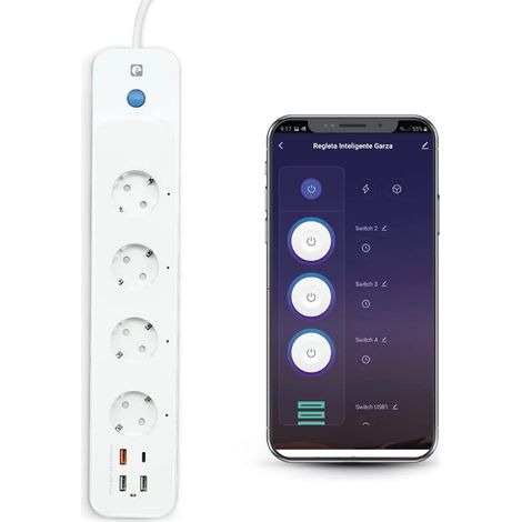 Garza Smart - Regleta Wifi Inteligente con interruptor, 4 tomas, 2 USBs tipo A, USB C y USB 3.0 Carga Rápida PD20W/QC3.0, WiFi 2.4GHz, Programable, Medidor Consumo, Control por app y voz, Alexa/Google (1/5)