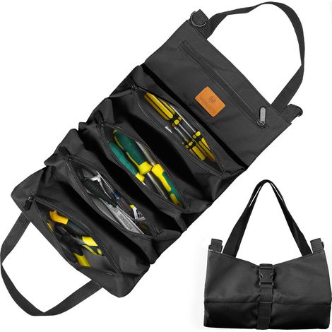 Sac à roulettes pour Outils, Sac à Outils en Toile pour Clés à Molette, Sac à roulettes Polyvalent avec 5 Poches à Fermeture éclair, Idéal pour Les Plombiers et Les électriciens (Vert) (Noir) (1/5)