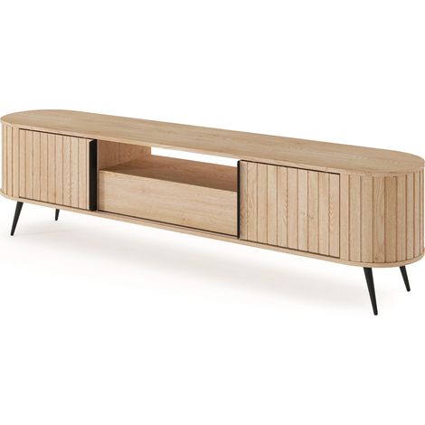 Mobile Porta TV Con 2 Ante Scorrevoli 1 Cassetto Push To Open E Vano A Giorno Con Piedi In Metallo Nero Design Scandinavo Per Soggiorno 196 X 40.2 X 51.2 Cm Rovere (1/5)
