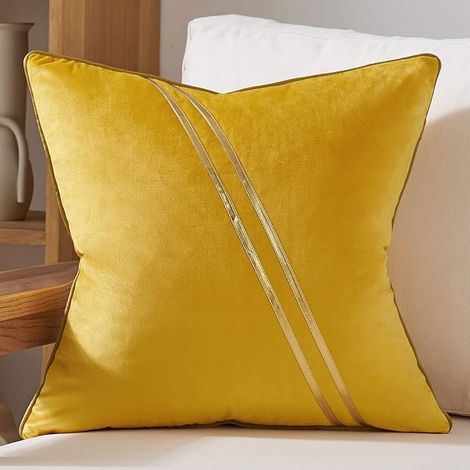 Housse de Coussin 18x18 Pouces, Velours Jaune et Or, Lignes en Cuir, Luxueuse, Décorative pour Canapé, Salon, Chambre
