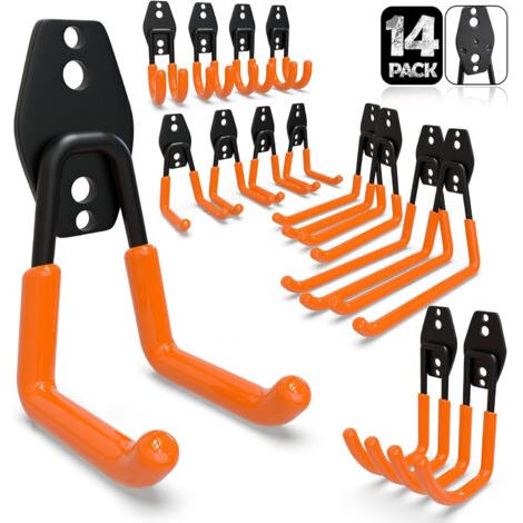 Crochet Mural Garage 14PC, Rangement Garage,Crochet Mural en Acier Fortes pour Êchelle,Vélos,Tuyaux,Outils électriques(Orange)dengyank (1/5)