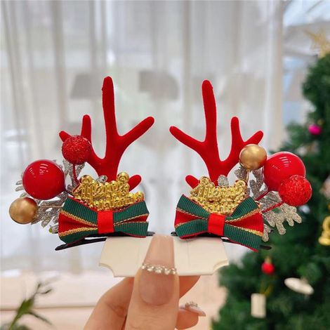 Noël Bois de Cerf Pinces à Cheveux Adorables Renne en Peluche Barrettes pour Fêtes Noël Anniversaire Cosplay 14 Rouge Anglais Perles Rouges (1/5)