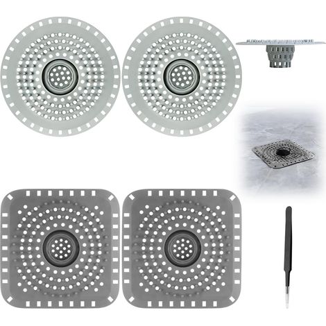 Lot de 4 tamis de vidange en silicone pour douche avec ventouse universelle attrape-cheveux gris avec pince à épiler pour cuisine, baignoire, anti-obstruction contre les odeurs (1/5)