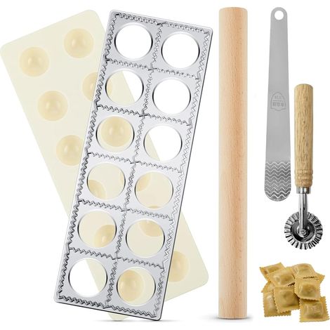 Ravioli Mould Set, 12 Cavity Aluminium Dumpling Mould with Pasta Wheel and Wooden Rolling Pin, Complete Set of 5 Pasta Utensils for Home (1/5)