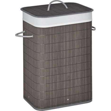Cesto per biancheria con manici e sacca lavabile, in rattan, poliestere, cotone e metallo, 43 x 32 x 61 cm, grigio (1/5)